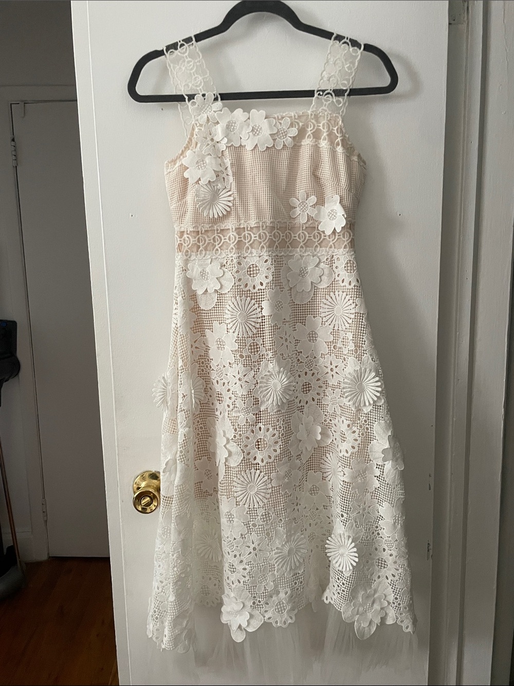 Women’s Vintage Designer Ivory Floral Crochet Midi Dress Size 2